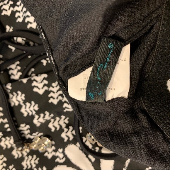 Aqua Green Black White Paisley Drawstring Embellish Neck Tie Tankini Swim Top S - Picture 4 of 5